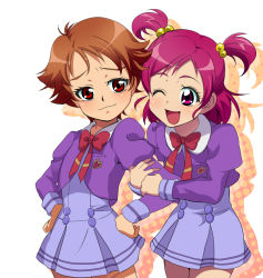 Rule 34 | 00s, 2girls, :d, ;d, bow, brown eyes, brown hair, eyelashes, hair bobbles, hair ornament, hands on own hips, happy, lliillii, multiple girls, natsuki rin, one eye closed, open mouth, pink eyes, pink hair, precure, purple skirt, ribbon, school uniform, short hair, short twintails, skirt, smile, twintails, two side up, wink, yes! precure 5, yumehara nozomi