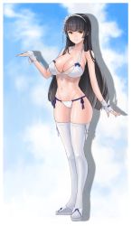 Rule 34 | 1girl, bikini, black hair, blue background, breasts, brown eyes, cleavage, cloel, commentary request, drop shadow, fingerless gloves, front-tie bikini top, front-tie top, full body, girls&#039; frontline, gloves, hair ornament, hairband, highres, large breasts, long hair, looking at viewer, navel, official alternate costume, sandals, side-tie bikini bottom, smile, solo, standing, swimsuit, thighhighs, type 95 (girls&#039; frontline), type 95 (summer cicada) (girls&#039; frontline), white bikini, white footwear, white gloves, white thighhighs