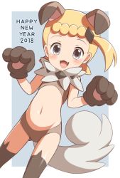 Rule 34 | 1girl, 2018, :3, animal ears, animal hands, blonde hair, blush, bonnie (pokemon), cosplay, creatures (company), fake animal ears, fake tail, fang, game freak, gen 7 pokemon, gloves, happy new year, highres, midriff, navel, new year, nintendo, open mouth, paw gloves, pokemon, pokemon (anime), porocha, rockruff, rockruff (cosplay), short shorts, shorts, smile, solo, tail, thighhighs, wavy mouth