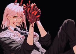 Rule 34 | 1girl, black background, black jacket, black necktie, black pants, blood, blood on clothes, blood on face, blood on hands, chainsaw man, collared shirt, cross-shaped pupils, formal, hair over one eye, heart, holding, holding heart, horns, jacket, kozdoma, long hair, looking at viewer, necktie, non-web source, pants, pants rolled up, pink hair, power (chainsaw man), red eyes, red horns, sharp teeth, shirt, simple background, sleeves rolled up, smile, solo, suit, suit jacket, symbol-shaped pupils, teeth, white shirt