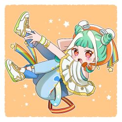 Rule 34 | 1girl, :d, blue pants, blunt bangs, border, bracelet, capelet, chii (chi pppuri), chimumu, cone hair bun, double bun, floating, full body, green hair, hair bun, hand up, hat, jewelry, looking at viewer, multicolored hair, open mouth, outstretched arm, pants, pretty series, shoes, short hair, sidelocks, smile, sneakers, solo, star (symbol), star sticker, sticker on face, streaked hair, waccha primagi!, white border, white capelet, white footwear, white hair, wristband