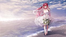 Rule 34 | 1girl, absurdres, atelier live, barefoot, beach, blue eyes, blush, bouquet, breasts, commentary, dragon horns, dress, english commentary, flower, highres, holding, holding bouquet, horns, kuzuryu io, long hair, medium breasts, ocean, open mouth, ragi (diabolik angle), red hair, rose, second-party source, smile, solo, virtual youtuber, water, white dress, white flower, white rose