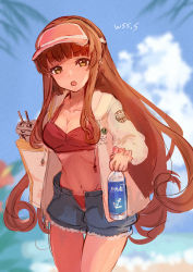 Rule 34 | 1girl, bag, bikini, bikini under clothes, blue sky, blunt bangs, bottle, brown hair, cloud, commentary request, cowboy shot, cutoffs, day, denim, denim shorts, green eyes, helena (kancolle), hood, hooded jacket, hoodie, jacket, kantai collection, long hair, looking at viewer, official alternate costume, open fly, outdoors, red bikini, shorts, sky, solo, swimsuit, swimsuit under clothes, white jacket, wss (nicoseiga19993411)
