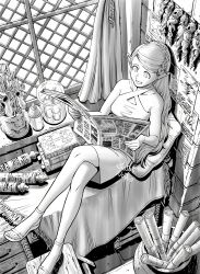 Rule 34 | 1girl, absurdres, alternate costume, alternate hairstyle, blonde hair, braid, breasts, cleavage, crossed legs, dress, dungeon meshi, elf, hair around ear, highres, holding, holding newspaper, long hair, marcille donato, masutatsu novuo, monochrome, multiple braids, newspaper, open mouth, pointy ears, reading, sandals, sitting, sleeveless, sleeveless dress, smile
