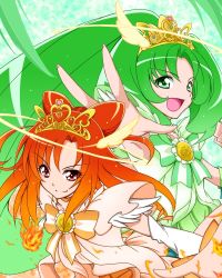 Rule 34 | 10s, bow, bow-shaped hair, cure march, cure march (princess form), cure sunny, cure sunny (princess form), elbow gloves, fire, gloves, green eyes, green hair, halo, head wings, hino akane (smile precure!), kuon (nokokopopo), long hair, magical girl, midorikawa nao, open mouth, orange hair, ponytail, precure, princess form (smile precure!), red eyes, smile, smile precure!, tiara, tri tails, wind, wings