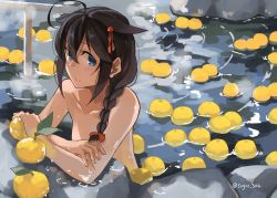 Rule 34 | 1girl, ahoge, bathing, blue eyes, braid, brown hair, completely nude, food, fruit, hair between eyes, hair flaps, hair ribbon, kantai collection, leaf, long hair, nude, onsen, outdoors, ribbon, rock, shigure (kancolle), shigure kai ni (kancolle), single braid, smile, solo, steam, sugue tettou, text background, twitter username, wet