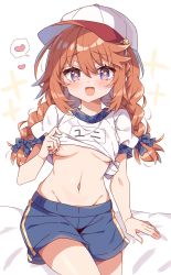 Rule 34 | + +, 1girl, :d, baseball bat, blue bow, blue shorts, bow, braid, breasts, gym uniform, hair bow, hat, heart, hi (pontolfo), highres, lifted by self, looking at viewer, name tag, navel, nipple slip, nipples, open mouth, orange hair, princess connect!, school uniform, shirt, short sleeves, shorts, small breasts, smile, solo, spoken heart, st. theresa&#039;s girls academy school uniform, twin braids, white hat, white shirt, yuni (princess connect!), yuni (school festival) (princess connect!)