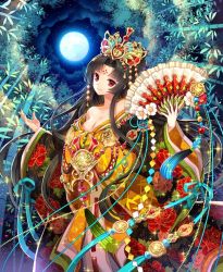 Rule 34 | 1girl, bare shoulders, black hair, breasts, cleavage, hand fan, floral print, flower, full moon, japanese clothes, kimono, long hair, long sleeves, medium breasts, moon, nardack, night, night sky, open mouth, original, red eyes, sky, smile, solo, star (sky)