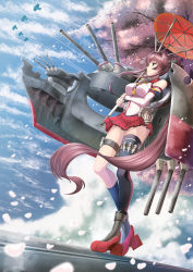 Rule 34 | 10s, 1girl, asymmetrical legwear, bare shoulders, brianchan.t.w, brown hair, cherry blossoms, cloud, cloudy sky, day, detached sleeves, headgear, highres, holding, holding umbrella, kantai collection, long hair, looking away, miniskirt, oil-paper umbrella, ponytail, single thighhigh, skirt, sky, solo, thighhighs, turret, umbrella, uneven legwear, very long hair, yamato (kancolle), zettai ryouiki