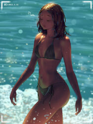 Rule 34 | 1girl, a.x., battery indicator, beach, breasts, brown hair, closed eyes, dated, highres, medium hair, navel, ocean, original, outdoors, parted lips, recording, small breasts, solo, swimsuit, viewfinder, walking, water