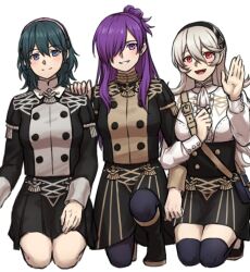 3girls breasts byleth_(female)_(fire_emblem) byleth_(fire_emblem) closed_mouth corrin_(female)_(fire_emblem) corrin_(fire_emblem) fire_emblem fire_emblem:_three_houses fire_emblem_fates fire_emblem_heroes fire_emblem_warriors:_three_hopes garreg_mach_monastery_uniform hair_bun hair_over_one_eye hairband highres long_hair looking_at_viewer multiple_girls nintendo pantyhose pointy_ears purple_eyes purple_hair school_uniform shez_(female)_(fire_emblem) shez_(fire_emblem) simple_background single_hair_bun smile thighhighs zuzu_(ywpd8853)