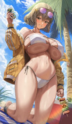 1girl ahoge anis_(nikke) anis_(sparkling_summer)_(nikke) bikini blue_sky breasts brown_eyes brown_hair can cloud cloudy_sky coconut_tree cooler day drink_can eyepatch_bikini eyewear_on_head full_body goddess_of_victory:_nikke highres holding holding_can holding_skewer huge_breasts jacket kneeling looking_at_viewer navel off_shoulder official_alternate_costume outdoors palm_tree short_hair silvertsuki skewer sky soda_can solo stomach sunglasses swimsuit thighs tree underboob white_bikini yellow_jacket