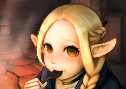 Rule 34 | 1girl, blonde hair, blue robe, braid, brick wall, dungeon, dungeon meshi, eating, elf, full mouth, green eyes, highres, jewelry, marcille donato, mugiwara boushi (a26666221), necklace, pointy ears, portrait, robe, solo, spoon, treasure chest