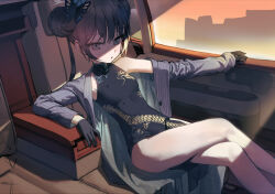 Rule 34 | 1girl, :o, black gloves, black hair, blue archive, breasts, butterfly hair ornament, car interior, china dress, chinese clothes, crossed legs, double bun, dragon print, dress, feet out of frame, gloves, grey eyes, grey jacket, hair bun, hair ornament, halo, highres, jacket, kisaki (blue archive), legs, long hair, looking at viewer, pelvic curtain, pinstripe jacket, pinstripe pattern, reclining, sitting, sleeveless, sleeveless dress, small breasts, solo, striped, taktori, thighs, twintails
