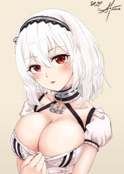 Rule 34 | 1girl, anchor choker, artist request, azur lane, blush, breasts, choker, cleavage, clothes pull, collarbone, dress pull, frilled choker, frills, grey background, hair between eyes, hairband, head tilt, lace-trimmed hairband, lace trim, large breasts, looking at viewer, parted lips, puffy sleeves, pulling own clothes, red eyes, short hair, short sleeves, sidelocks, signature, simple background, sirius (azur lane), smile, solo, white hair