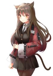 Rule 34 | 1girl, absurdres, animal ears, arknights, bad id, bad pixiv id, black pantyhose, black skirt, blush, breasts, buttons, cat ears, cat tail, closed mouth, clothes writing, collared shirt, crossed legs, earrings, hair between eyes, highres, jacket, jewelry, long hair, long sleeves, looking at viewer, md5 mismatch, miniskirt, necktie, open clothes, open jacket, pantyhose, pleated skirt, resolution mismatch, ring, ryn (rinorea), school uniform, shirt, simple background, single earring, skirt, skyfire (arknights), smile, solo, source smaller, standing, tail, uniform, very long hair, white background, white shirt