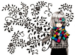 Rule 34 | 1girl, bad id, bad pixiv id, elbow gloves, floral background, gloves, grey hair, heterochromia, maca, multicolored clothes, multicolored scarf, original, scarf, short hair, solo