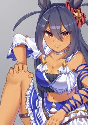 Rule 34 | 1girl, absurdres, animal ears, black hair, blue shirt, blue skirt, breasts, choker, cleavage, commentary request, corset, cross-laced clothes, cross-laced corset, dark-skinned female, dark skin, ear ornament, grey background, hair between eyes, highres, hishi amazon (umamusume), horse ears, horse girl, long hair, looking at viewer, medium breasts, midriff, navel, pleated skirt, red eyes, shirt, simple background, skirt, solo, tawashi hechima, thigh strap, two-tone shirt, two-tone skirt, umamusume, white choker, white shirt, white skirt