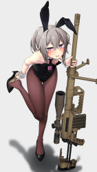 Rule 34 | 1girl, absurdres, adjusting clothes, adjusting shoe, animal ears, bipod, black leotard, blush, bolt action, breasts, cheytac m200, cleavage, condom, fake animal ears, girls&#039; frontline, grey hair, gun, high heels, highres, holding, holding gun, holding weapon, leotard, long hair, m200 (girls&#039; frontline), nakiusagi, necktie, nipple slip, nipples, open mouth, oversized breast cup, pantyhose, playboy bunny, purple eyes, rabbit ears, red necktie, rifle, shadow, short hair with long locks, short ponytail, sidelocks, small breasts, sniper rifle, scope, solo, standing, standing on one leg, weapon, wrist cuffs