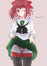 Rule 34 | 10s, 1girl, ;), arrow (symbol), black neckerchief, blouse, brown eyes, brown hair, closed mouth, clothes lift, commentary, cowboy shot, elbow pads, girls und panzer, green skirt, grey background, headband, heart, highres, hinase (twoxout), kondou taeko, lifted by self, long sleeves, looking at viewer, miniskirt, neckerchief, one eye closed, ooarai school uniform, pantyhose, pantyhose under shorts, pleated skirt, red shirt, red shorts, school uniform, serafuku, shirt, short hair, short shorts, shorts, shorts under skirt, single vertical stripe, skirt, skirt lift, smile, solo, sportswear, standing, twitter username, volleyball uniform, white shirt