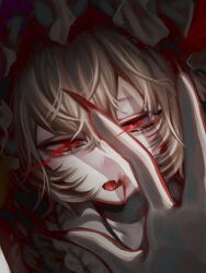 Rule 34 | 1girl, blonde hair, blood, blood on face, fang, fingernails, flandre scarlet, hair between eyes, hat, long fingernails, long hair, looking at viewer, mob cap, nail polish, open mouth, portrait, red eyes, red nails, revision, sharp fingernails, solo, tongue, tongue out, touhou, white hat, zabu rou