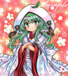 Rule 34 | 1girl, blush, closed mouth, floral background, floral print, frilled kimono, frills, green eyes, green hair, hair ornament, hatsune miku, japanese clothes, kimono, leaf, leaf on head, long hair, long sleeves, looking at viewer, marker (medium), outline, own hands together, print kimono, rui (sugar3), sample watermark, sidelocks, smile, snowflake print, solo, sparkle, tassel, traditional media, twintails, uchikake, upper body, vocaloid, wataboushi, watermark, white headwear, white kimono, wide sleeves, yuki miku, yuki miku (2013)
