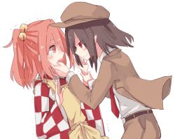 Rule 34 | 2girls, apron, bell, belt, black hair, blouse, blush, brown hat, brown jacket, brown shorts, character name, checkered clothes, checkered shirt, collared shirt, finger in another&#039;s mouth, hair bell, hair ornament, hand up, hat, holding another&#039;s wrist, jacket, long sleeves, motoori kosuzu, multiple girls, open mouth, pointy hair, red eyes, red hair, scared, shameimaru aya, shameimaru aya (newsboy), shiroshi (denpa eshidan), shirt, short hair, shorts, sidelocks, simple background, smile, submission, tearing up, touhou, trembling, white background, white shirt, wide sleeves, yuri