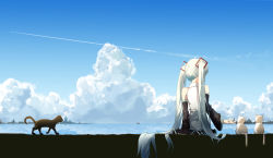 Rule 34 | 1girl, aircraft, airplane, animal, bare shoulders, black cat, black sleeves, blue sky, cat, cloud, collared shirt, commentary request, contrail, day, detached sleeves, facing away, green hair, hair ornament, hatsune miku, horizon, long hair, long sleeves, ocean, outdoors, ship, shirt, sitting, sky, skyline, sleeveless, sleeveless shirt, solo, taka (0taka), twintails, very long hair, vocaloid, water, watercraft, white cat, white shirt, wide sleeves