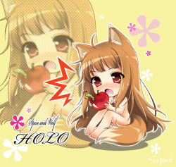Rule 34 | 00s, 1girl, animal ears, apple, barefoot, blush, brown hair, chibi, food, fruit, holding, holding food, holding fruit, holo, long hair, nude, open mouth, red eyes, saliva, solo, spice and wolf, sugaro, tail, wolf ears, wolf tail, worm, zoom layer