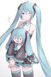 Rule 34 | 1girl, absurdres, aqua eyes, aqua hair, aqua nails, aqua necktie, aqua thighhighs, artist name, bare shoulders, black skirt, black sleeves, black thighhighs, blush, character doll, commentary, cowboy shot, hair between eyes, hair ornament, hatsune miku, heart, highres, holding, holding stuffed toy, light blush, long hair, looking at viewer, multicolored thighhighs, necktie, okome (okome 0627ha), one eye closed, pleated skirt, simple background, skirt, smile, solid oval eyes, solo, split mouth, standing, stuffed toy, thighhighs, thighs, twintails, v arms, very long hair, vocaloid, white background, zettai ryouiki