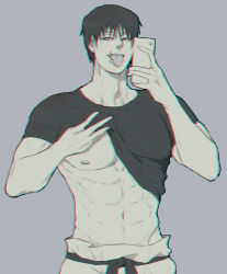 Rule 34 | 1boy, bara, bare pectorals, black hair, clothes lift, cowboy shot, fushiguro touji, greyscale with colored background, highres, holding, holding phone, jujutsu kaisen, lifting own clothes, looking at viewer, male focus, mature male, muscular, muscular male, pearl mkmm, pectorals, phone, scar, scar on face, scar on mouth, seductive smile, selfie, shirt lift, short hair, smile, solo, tongue, tongue out