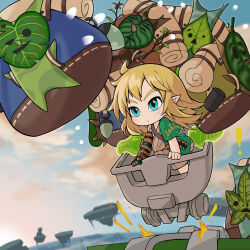 Rule 34 | !, 1boy, archaic set (zelda), backpack, bag, blonde hair, blue eyes, blue sky, branch, chibi, closed mouth, cloud, commentary request, day, expressionless, floating island, full body, gauntlets, highres, jakomurashi, korok, leaf, link, looking afar, medium hair, mine cart, nintendo, outdoors, pointy ears, single gauntlet, sky, the legend of zelda, the legend of zelda: tears of the kingdom, toga