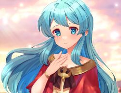 Rule 34 | 1girl, aged down, aqua eyes, aqua hair, bracelet, closed mouth, dress, edamameoka, eirika (fire emblem), eirika (twin refulgence) (fire emblem), fire emblem, fire emblem: the sacred stones, fire emblem heroes, hand on own chest, highres, jewelry, long hair, looking at viewer, nintendo, official alternate costume, red dress, sidelocks, solo, upper body