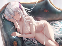 Rule 34 | 1girl, artist name, breasts, butterfly hair ornament, chihunhentai, collarbone, completely nude, couch, echidna (re:zero), closed eyes, hair flowing over, hair ornament, large breasts, long hair, lying, navel, nipples, nude, on couch, on side, re:zero kara hajimeru isekai seikatsu, sleeping, solo, thigh gap, very long hair, white hair