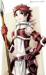 Rule 34 | 1girl, amatari sukuzakki, armor, belt, fire emblem, fire emblem awakening, holding, holding polearm, holding weapon, looking to the side, nintendo, polearm, red eyes, red hair, short hair, sully (fire emblem), thighs, upper body, weapon