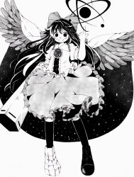 Rule 34 | 1girl, absurdres, arm cannon, asymmetrical footwear, atom, black wings, bow, buttons, cape, commentary request, dress, frilled dress, frills, greyscale, hair bow, hair ornament, hanokami, high contrast, highres, long hair, looking at viewer, mismatched footwear, monochrome, reiuji utsuho, short sleeves, simple background, solo, starry sky print, touhou, weapon, wings