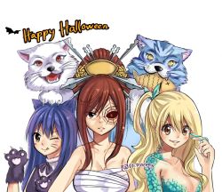 Rule 34 | 3girls, blonde hair, breasts, cleavage, erza scarlet, fairy tail, hair ornament, halloween, highres, large breasts, long hair, lucy heartfilia, monster girl, multiple girls, red hair, wendy marvell
