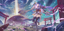 1girl absurdres arm_up armor asymmetrical_sleeves black_panties black_thighhighs blue_sky blunt_bangs braid bridal_gauntlets closed_mouth cloud cloudy_sky commentary commission electricity english_commentary floating floating_hair genshin_impact glowing glowing_sword glowing_weapon hair_floating_upwards hair_ribbon highres holding holding_sword holding_weapon human_scabbard japanese_clothes kimono long_braid long_hair looking_at_object looking_to_the_side mitsudomoe_(shape) mole mole_under_eye musou_isshin_(genshin_impact) off_shoulder panties purple_eyes purple_kimono purple_ribbon raiden_shogun ribbon shoulder_armor single_braid sky solo sword thighhighs thighs tim_kong tomoe_(symbol) underwear uneven_sleeves weapon wide_sleeves