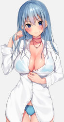 Rule 34 | 1girl, bikini, blue bikini, blue eyes, blue hair, blush, breasts, choker, cleavage, collarbone, jewelry, large breasts, long hair, long sleeves, looking at viewer, mataro (matarou), necklace, see-through silhouette, shirt, simple background, smile, solo, star (symbol), star necklace, swimsuit, unbuttoned, white background, white shirt