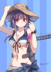 Rule 34 | 10s, 1girl, adapted costume, arm scrunchie, bikini, blush, bow, breasts, cleavage, collarbone, front-tie bikini top, front-tie top, hair flaps, hair ornament, hair over shoulder, hand on headwear, hat, hat ribbon, highres, kantai collection, long hair, looking at viewer, low twintails, machinery, medium breasts, navel, purple hair, red eyes, ribbon, ryuuhou (kancolle), sarong, scrunchie, solo, straw hat, striped, striped background, sugue 304, swimsuit, taigei (kancolle), twintails, twitter username, vertical stripes, whale