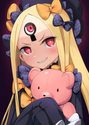 Rule 34 | 1girl, abigail williams (fate), abigail williams (second ascension) (fate), black bow, black dress, black hat, blonde hair, blush, bow, dress, fate/grand order, fate (series), grin, hair bow, hands in opposite sleeves, hat, head tilt, hugging object, lo xueming, long sleeves, looking at viewer, orange bow, parted bangs, polka dot, polka dot bow, red eyes, sharp teeth, smile, solo, stuffed animal, stuffed toy, teddy bear, teeth, third eye, v-shaped eyebrows
