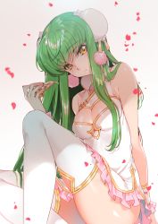 Rule 34 | 1girl, bare shoulders, blush, breasts, c.c., china dress, chinese clothes, cleavage, cleavage cutout, closed mouth, clothing cutout, code geass, commentary request, creayus, double bun, dress, food, frilled dress, frills, green hair, hair bun, long hair, looking at viewer, petals, pink frills, pizza, shiny skin, sitting, solo, thighhighs, white dress, white thighhighs, yellow eyes
