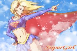 Rule 34 | 1girl, alien, blonde hair, blue eyes, breasts, cape, character name, cloud, collarbone, cowboy shot, crop top, day, dc comics, eyelashes, floating hair, flying, grin, hand on own hip, heart, highres, kryptonian, long hair, long sleeves, looking afar, medium breasts, midriff, miniskirt, naname neko, navel, outdoors, outstretched arm, parted lips, pleated skirt, pointing, red cape, ribs, shiny clothes, shirt, skin tight, skirt, sky, smile, solo, sparkle, supergirl, superhero costume, superman (series), toned