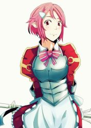 Rule 34 | 10s, 1girl, apron, armor, bad id, bad pixiv id, bow, bowtie, freckles, hair ornament, hairclip, lisbeth (sao), mace, pink hair, raien (pixiv274885), red eyes, smile, solo, sword art online, weapon