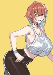 Rule 34 | 1girl, armpit peek, bent over, blue eyes, bow (bhp), breasts, character request, covered erect nipples, large breasts, leaning forward, midriff, open mouth, pants, red hair, short hair, smile, solo, spandex, tank top