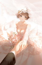 Rule 34 | 1girl, absurdres, ahoge, breasts, bridal veil, brown hair, catcan, cleavage, closed mouth, collarbone, detached sleeves, dress, highres, holding hands, husband and wife, jewelry, layered dress, long dress, long sleeves, looking at viewer, medium breasts, nail polish, psycho-pass, reaching, reaching towards viewer, ring, short hair, sleeveless, sleeveless dress, smile, solo focus, tsunemori akane, veil, wedding band, wedding dress, white dress, white sleeves, yellow eyes