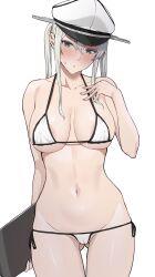 Rule 34 | 1girl, absurdres, bikini, blonde hair, breasts, breasts apart, cameltoe, cleft of venus, collarbone, gluteal fold, graf zeppelin (kancolle), grey eyes, hair between eyes, hand on own chest, hat, highres, kantai collection, large breasts, long hair, looking at viewer, micro bikini, military hat, navel, side-tie bikini bottom, solo, speech bubble, sweatdrop, swimsuit, takaman (gaffe), twintails, white background, white bikini, white hat