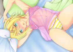 Rule 34 | 1girl, aqua eyes, babydoll, blonde hair, blush, bow, cameltoe, covered erect nipples, fang, flat chest, hair between eyes, hair bow, hair ornament, hairband, hairclip, kagamine rin, lying, navel, nipples, no bra, open mouth, panties, pillow, see-through, short hair, solo, striped clothes, striped panties, tad s, underwear, vocaloid