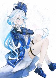 Rule 34 | 1girl, ahoge, ankle cuffs, arubi 222, asymmetrical gloves, black gloves, blue bow, blue eyes, blue footwear, blue gemstone, blue hair, blue headwear, blue jacket, bow, curly hair, drop-shaped pupils, floating, foot out of frame, furina (genshin impact), furrowed brow, gem, genshin impact, gloves, hair between eyes, hair intakes, hands up, hat, hat bow, heterochromia, highres, jacket, knees up, kodona, lapels, light blue hair, light blush, lolita fashion, long hair, long sleeves, looking ahead, mismatched gloves, mismatched pupils, multicolored hair, open clothes, open jacket, open mouth, shorts, simple background, streaked hair, swept bangs, symbol-shaped pupils, thigh strap, thighs, top hat, two-tone hair, very long hair, waist bow, water drop print, white background, white gloves, white hair, white shorts