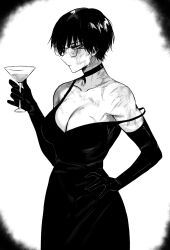 Rule 34 | 1girl, absurdres, breasts, choker, cleavage, closed mouth, cocktail glass, collarbone, cowboy shot, cup, dress, drinking glass, elbow gloves, facing to the side, glasses, gloves, greyscale, hand on own hip, highres, holding, holding cup, jujutsu kaisen, large breasts, looking to the side, low neckline, masoq, messy hair, monochrome, profile, round eyewear, scar, scar on arm, scar on face, short hair, simple background, single bare shoulder, sleeveless, sleeveless dress, solo, spaghetti strap, strap slip, very short hair, vignetting, white background, zen&#039;in maki